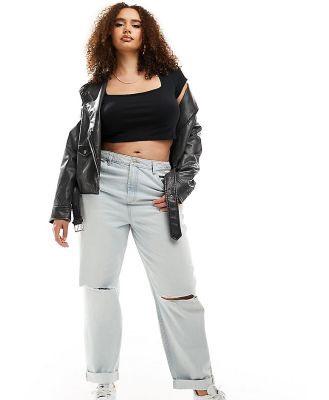 ASOS DESIGN Curve relaxed mom jeans in light blue with rip