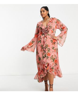 ASOS DESIGN Curve ruffle detail plunge midi dress with corsage in crinkle in pink floral print-Multi