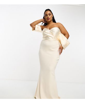 ASOS DESIGN Curve satin bandeau off shoulder bodycon maxi dress with exaggerated sleeves in cream-Neutral