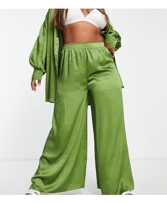 ASOS DESIGN Curve satin beach palazzo pants in khaki (part of a set)-Green