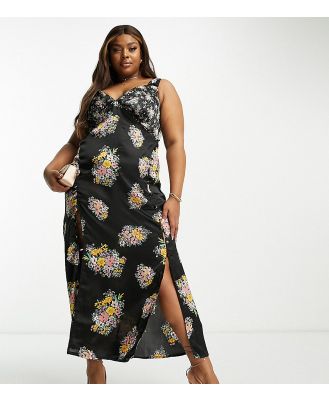 ASOS DESIGN Curve satin cami midi dress with side splits and button detail in dark floral-Multi