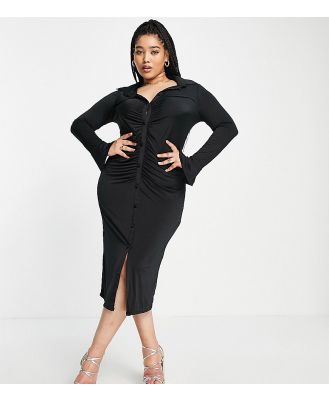 ASOS DESIGN Curve slinky slim fitted mini shirt dress with ruching in black