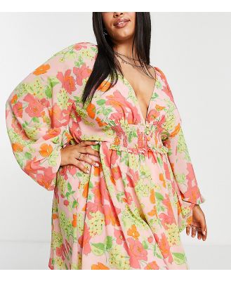 ASOS DESIGN Curve soft shirred waist mini dress in peach floral-Multi
