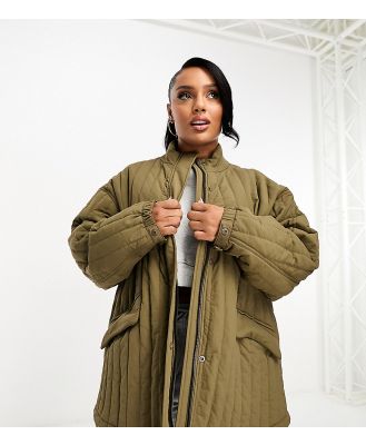 ASOS DESIGN Curve straight line quilted cotton jacket in khaki-Green