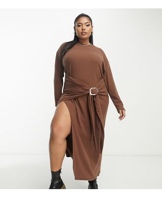 ASOS DESIGN Curve supersoft long sleeve midi dress with drapey sarong detail in chocolate brown