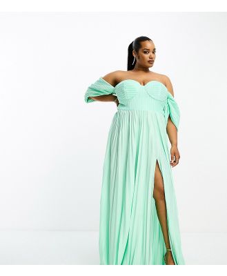 ASOS DESIGN Curve sweetheart neck off shoulder pleated maxi dress in sage green-Multi