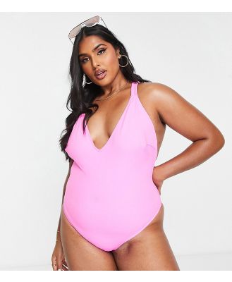 ASOS DESIGN Curve T back swimsuit in bright pink