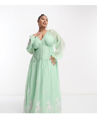ASOS DESIGN Curve v neck open back embroidered maxi dress with trim detail in green