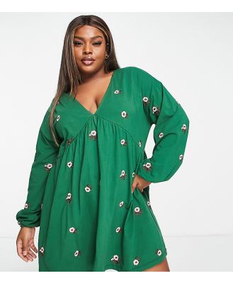ASOS DESIGN Curve v neck smock mini dress with all over daisy embroidery in forest green