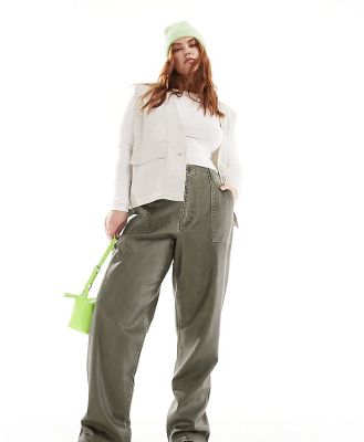 ASOS DESIGN Curve washed leather look pants with adjustable waist in khaki-Green