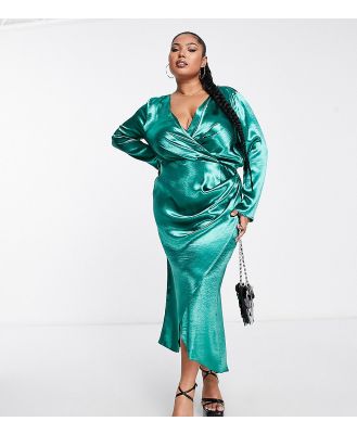 ASOS DESIGN Curve wrap front satin midi dress with cowl back detail in dark green
