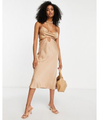 ASOS DESIGN cut out halter midaxi dress with back strap detail in natural satin-Pink