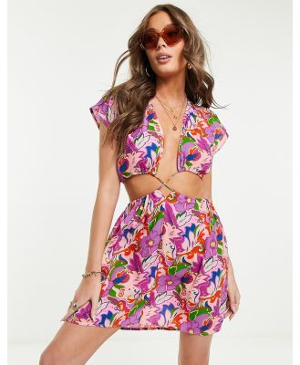 ASOS DESIGN cut out lattice waist mini beach dress in bold floral print-Multi