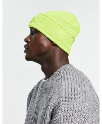 ASOS DESIGN deep turn up beanie in neon lime with rubber patch-Green