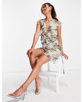 ASOS DESIGN dobby spot ruffle wrap mini dress with floral print-Multi