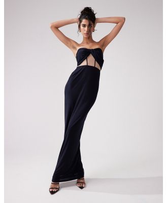 ASOS DESIGN drape twist front bandeau maxi dress with rouleaux strapping and invisible mesh in navy