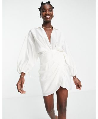 ASOS DESIGN drape wrap front mini dress with oversized blouson sleeve and open back detail-White