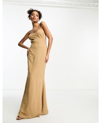 ASOS DESIGN elasticated strappy maxi dress with open back in tan-Brown