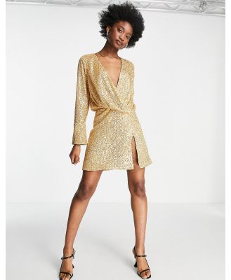 ASOS DESIGN embellished drape detail mini dress with button detail in gold