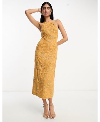 ASOS DESIGN embellished high neck midi dress with mirror beading detail in mustard-Yellow