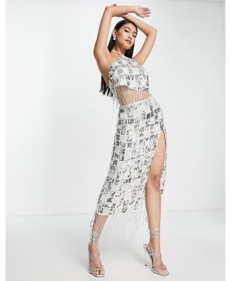 ASOS DESIGN embellished sequin and pearl midi skirt in silver with fringing (part of a set)