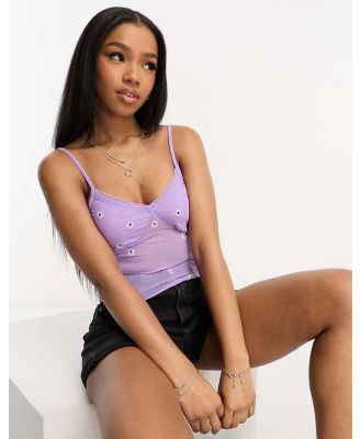 ASOS DESIGN embroidered daisy mesh singlet in lilac-Purple