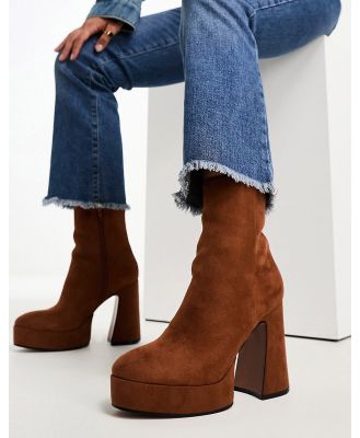 ASOS DESIGN Enchant heeled platform boots in tan micro-Brown