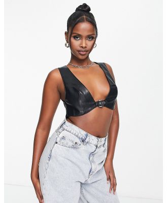ASOS DESIGN faux leather buckle front top in black (part of a set)