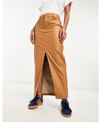 ASOS DESIGN faux leather maxi skirt with front split in caramel-Blue