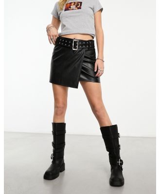 ASOS DESIGN faux leather micro mini skirt with large eyelet belt in black