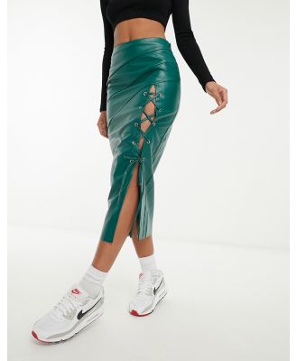 ASOS DESIGN faux leather midi skirt with lattice tie detail in bottle green-No colour