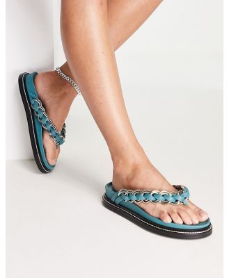 ASOS DESIGN Festive premium leather chain flat sandals in teal-Green