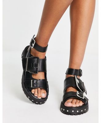 ASOS DESIGN Finchley premium leather chunky flat sandals with buckles in black