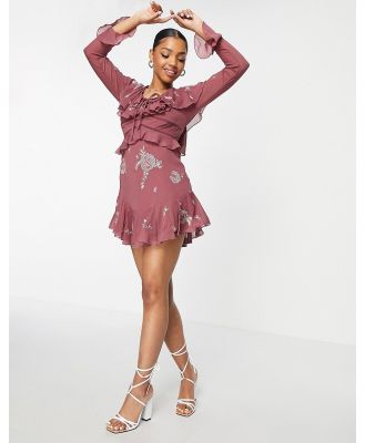 ASOS DESIGN floral embroidered ruffle mini dress with lace insert detail-Pink