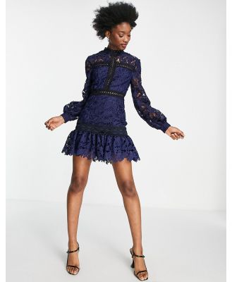 ASOS DESIGN floral lace mini dress with contrast lace detail and pep hem in blue