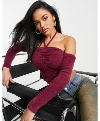 ASOS DESIGN fluffy knitted top with halter neck and off shoulder detail in purple