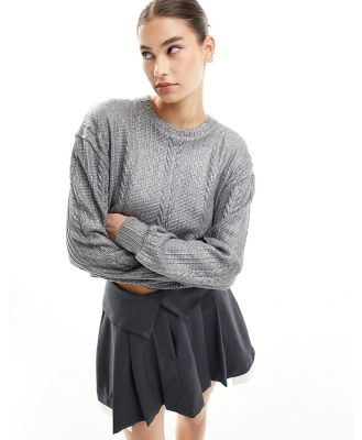 ASOS DESIGN foiled cable oversized sweatshirt in silver