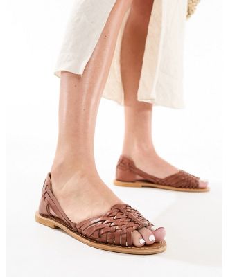 ASOS DESIGN Francis leather woven flat sandals in tan-Brown