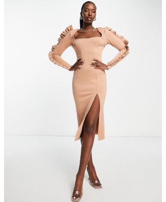 ASOS DESIGN frill sleeve bodycon midi dress in light tan-Pink