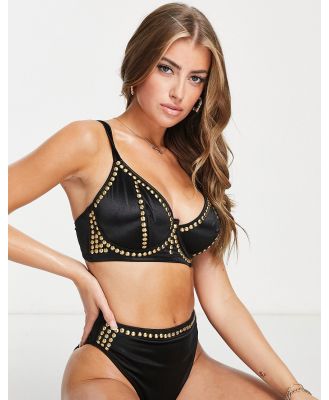 ASOS DESIGN Fuller Bust underwired longline bikini top with gold detail in black