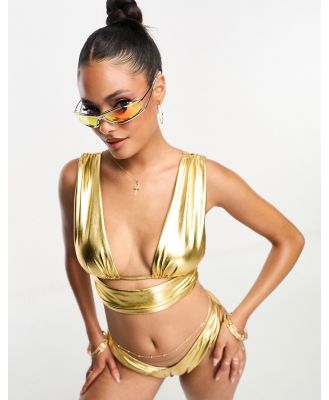 ASOS DESIGN gathered deep wrap crop bikini top in liquid gold