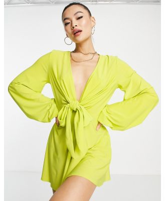 ASOS DESIGN glam plunge tie front playsuit in slinky in chartreuse-Green