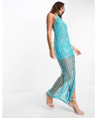 ASOS DESIGN halter lattice embellished maxi dress with split in turquoise-Blue