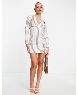 ASOS DESIGN halter linen mini dress with long sleeve in stripe-Multi