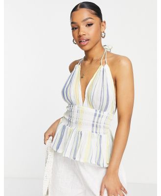 ASOS DESIGN halter sun top with shirred waist in stripe-Multi