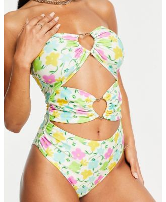 ASOS DESIGN heart ring cut out swimsuit in vibrant floral print-Multi