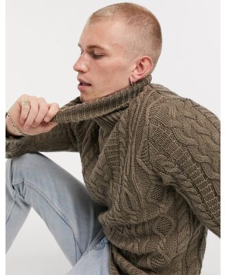 ASOS DESIGN heavyweight cable knit roll neck jumper in putty-Neutral
