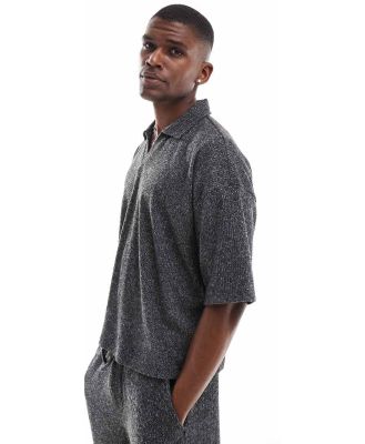 ASOS DESIGN heavyweight premium oversized boxy polo t-shirt with brushed rib in charcoal (part of a set)-Grey