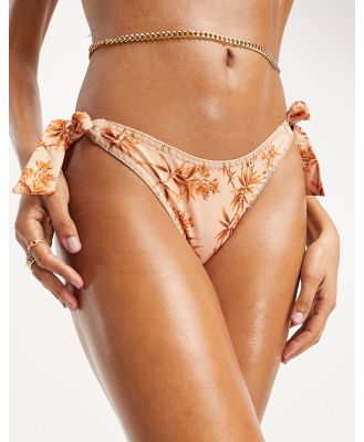 ASOS DESIGN high leg hipster bikini bottoms with crochet detail in natural palm print-Multi