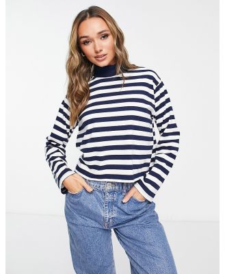 ASOS DESIGN high neck boxy long sleeve top in navy and white stripe-Multi